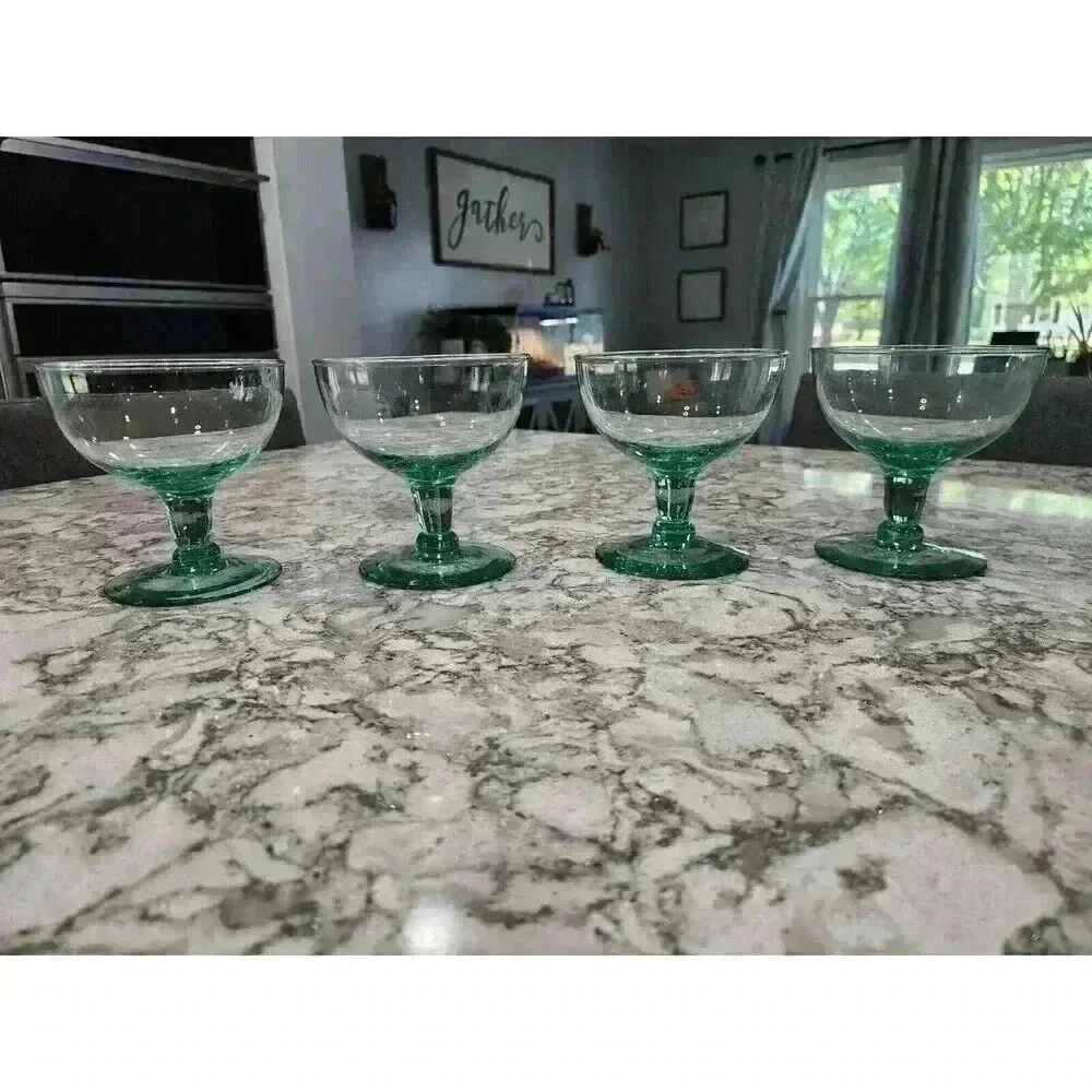 4 Hand Blown Glass Pistachio Green Dessert Sorbet Goblets